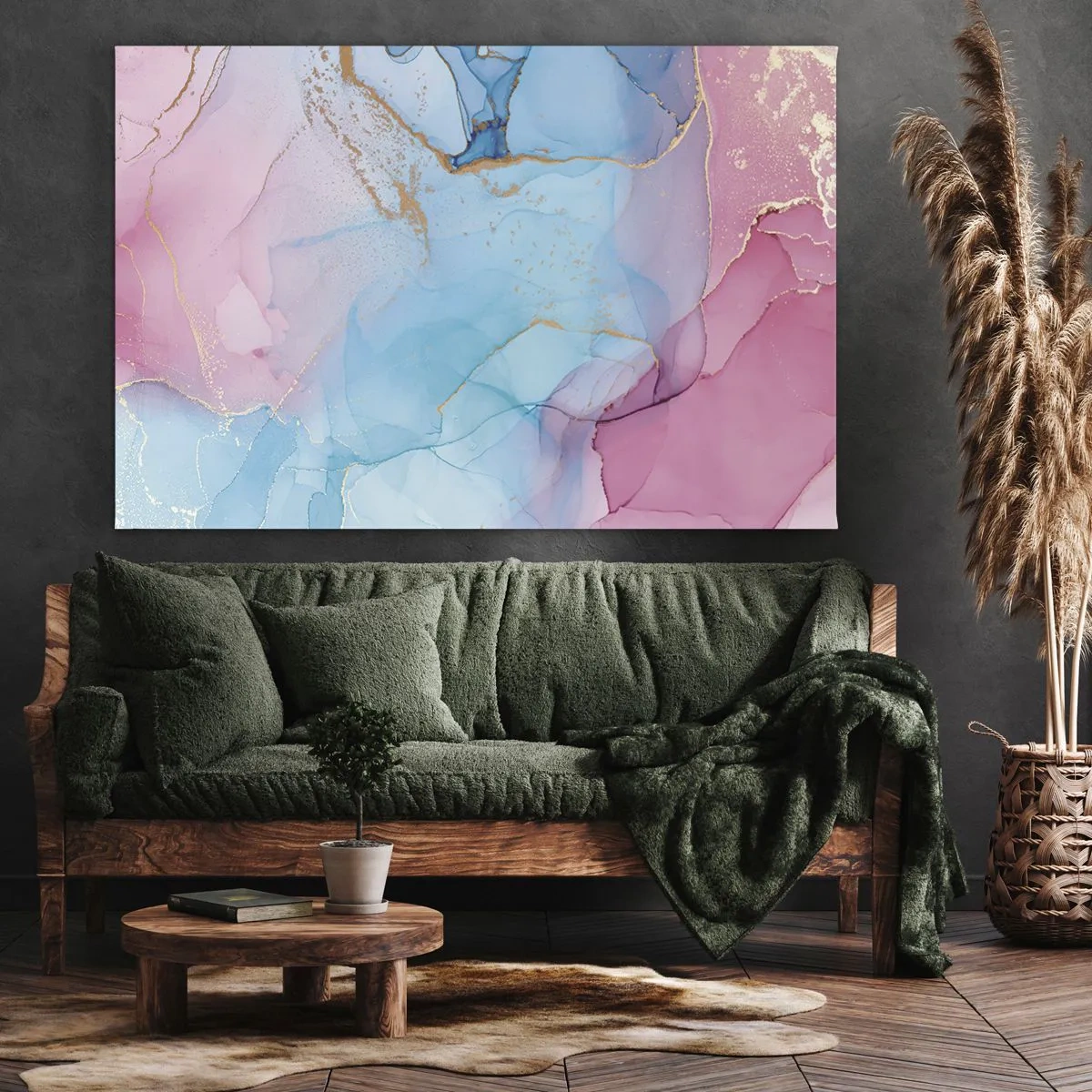 Quadro su tela - Stampe su Tela - Motivi pastello astratti con accenti dorati - 70x50cm - Incontro e compenetrazione - Decorazione murale moderna per soggiorno e camera da letto ARTTOR