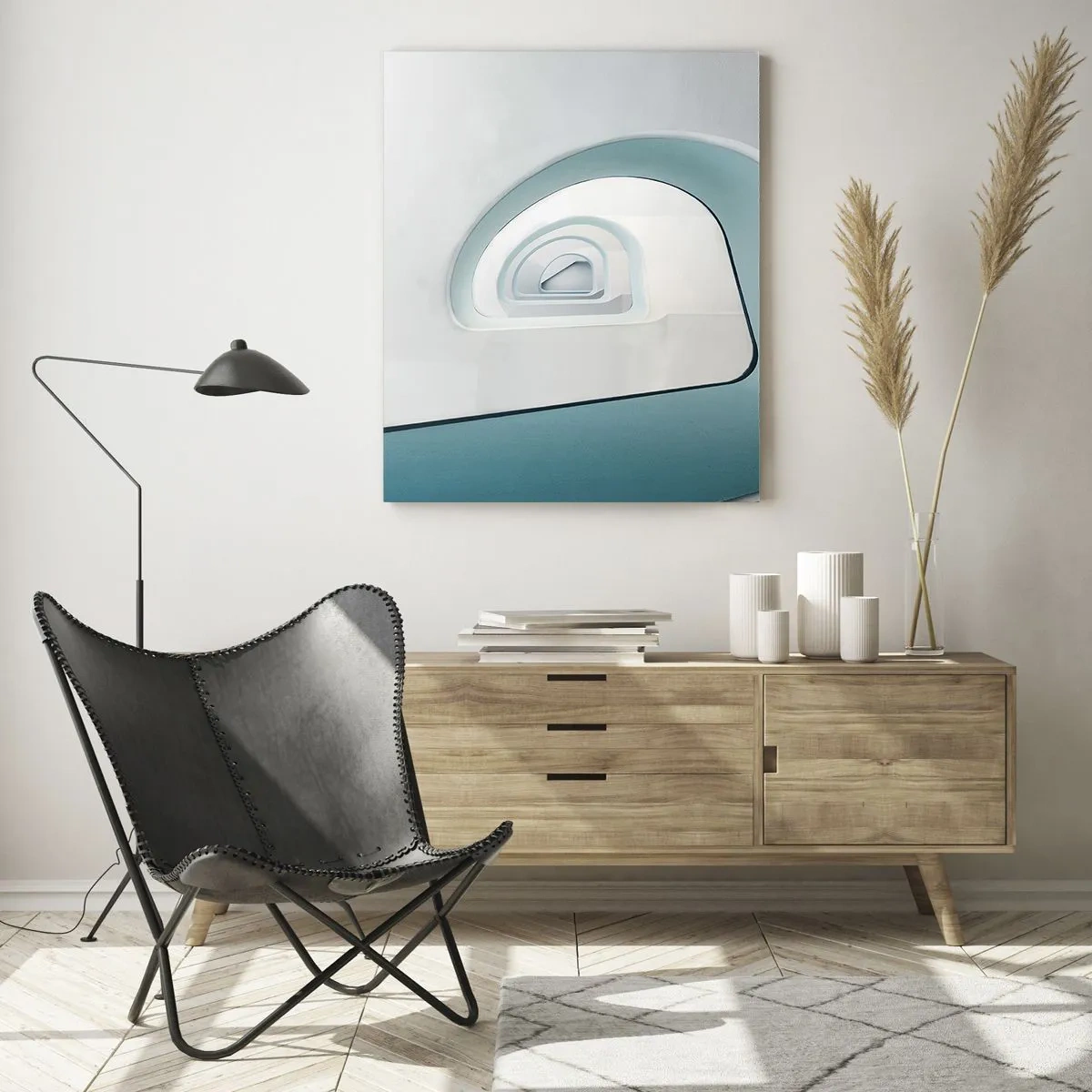 Quadro su vetro - Una scala moderna in una prospettiva astratta - 50x70cm - Blu fino in fondo - Decorazione murale moderna per soggiorno e camera da letto ARTTOR