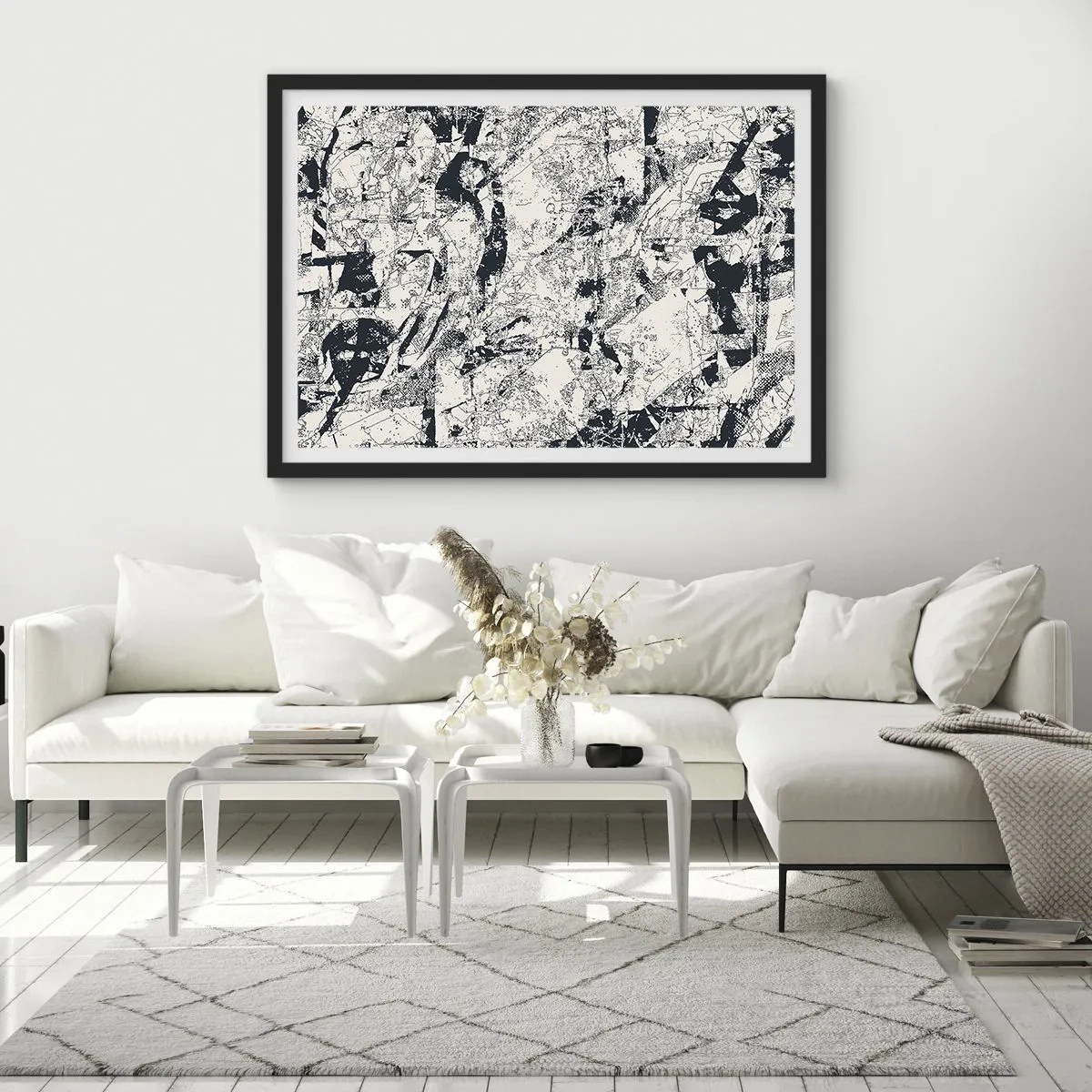 Poster in cornice nera - Composizione astratta in bianco e nero con un layout dinamico - 70x50cm - La compenetrazione degli opposti - Decorazione murale moderna per soggiorno e camera da letto ARTTOR