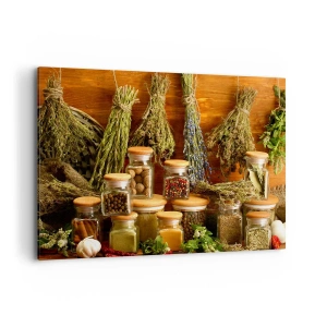 Quadro su tela - Stampe su Tela - Erbe e spezie in barattoli su uno sfondo rustico - 100x70cm - Magie di cucina - Decorazione murale moderna per soggiorno e camera da letto ARTTOR