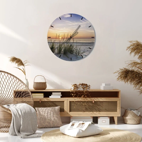 Orologio da parete - Orologio in Vetro - Bellissimo paesaggio di spiaggia al tramonto con erba sullo sfondo - 30x30cm - Guarda, pensa, senti - Decorazione murale moderna per soggiorno, cucina e camera da letto ARTTOR