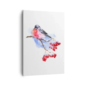 Quadro su tela - Stampe su Tela - Uccello su un ramo con frutta rossa sullo sfondo acquerello - 50x70cm - L'inverno a colori - Decorazione murale moderna per soggiorno e camera da letto ARTTOR