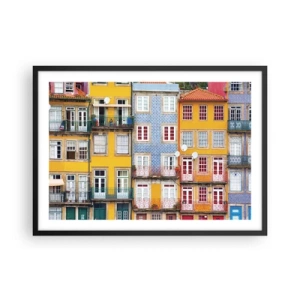 Poster in cornice nera - Facciate colorate di case popolari nel paesaggio urbano - 70x50cm - I colori della città vecchia - Decorazione murale moderna per soggiorno e camera da letto ARTTOR