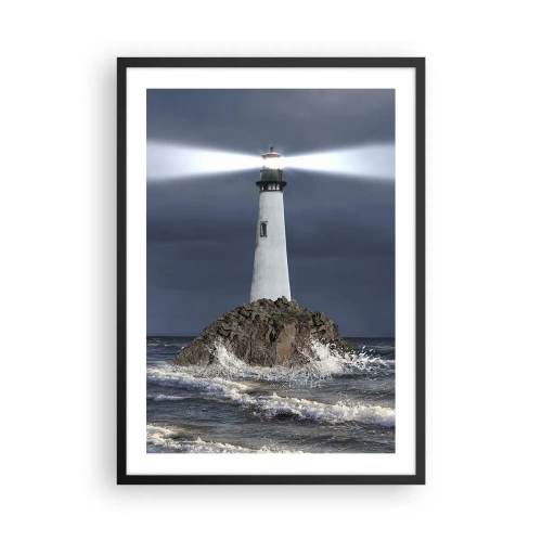 Poster in cornice nera - Un faro su una roccia in mezzo alle onde agitate - 50x70cm - Qui...qui... qui! - Decorazione murale moderna per soggiorno e camera da letto ARTTOR