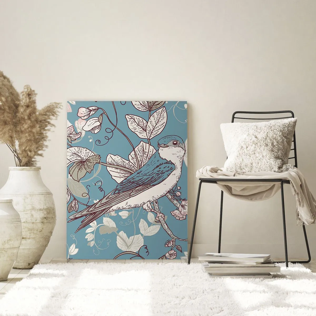 Quadro su vetro - Un uccello su un ramo tra i fiori su uno sfondo turchese - 50x70cm - Sul pioppo riflessi e cinguettii - Decorazione murale moderna per soggiorno e camera da letto ARTTOR