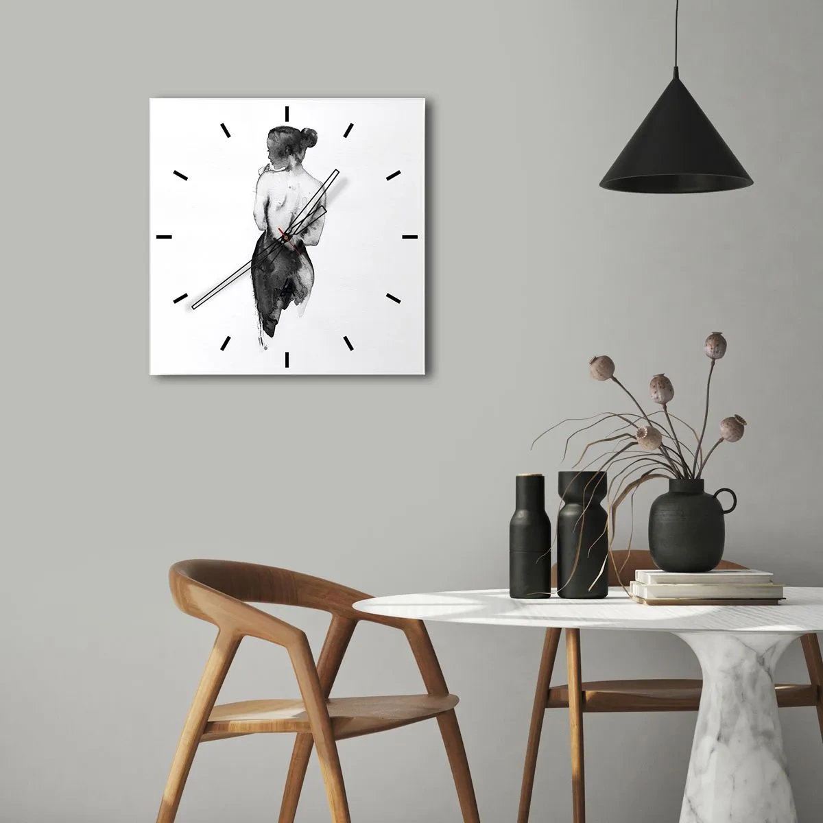 Orologio da parete - Orologio in Vetro - La figura di una donna catturata in un delicato acquerello - 30x30cm - Accanto a lei il mondo scompare - Decorazione murale moderna per soggiorno e camera da letto ARTTOR