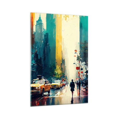 Quadro su vetro - Una città vivace con taxi e passanti - 80x120cm - New York: qui anche la pioggia è colorata - Decorazione murale moderna per soggiorno e camera da letto ARTTOR