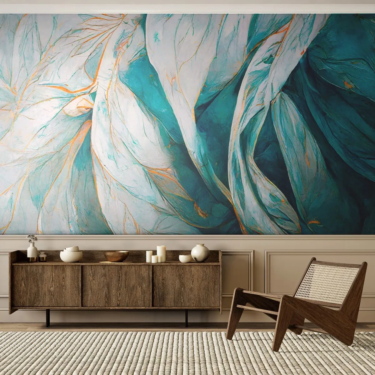 Fotomurali Premium Sand - Foglie blu ondeggianti con un delicato accento dorato - 100x70cm - Astrazione blu con motivi d'oro - Decorazione murale moderna per soggiorno e camera da letto ARTTOR