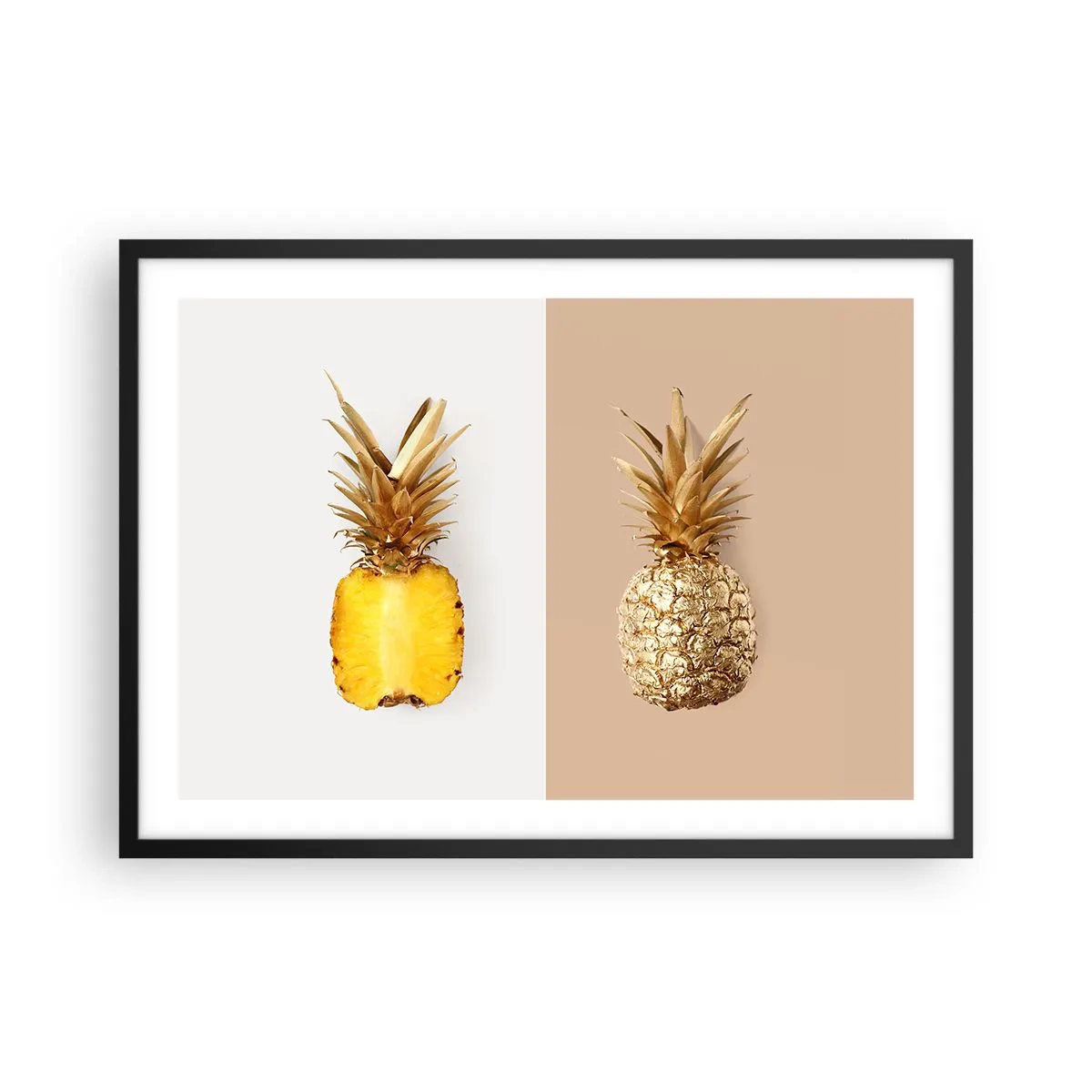 Poster in cornice nera - Metà di un ananas fresco e dorato su uno sfondo contrastante - 70x50cm - Ananas per due - Decorazione murale moderna per soggiorno e camera da letto ARTTOR