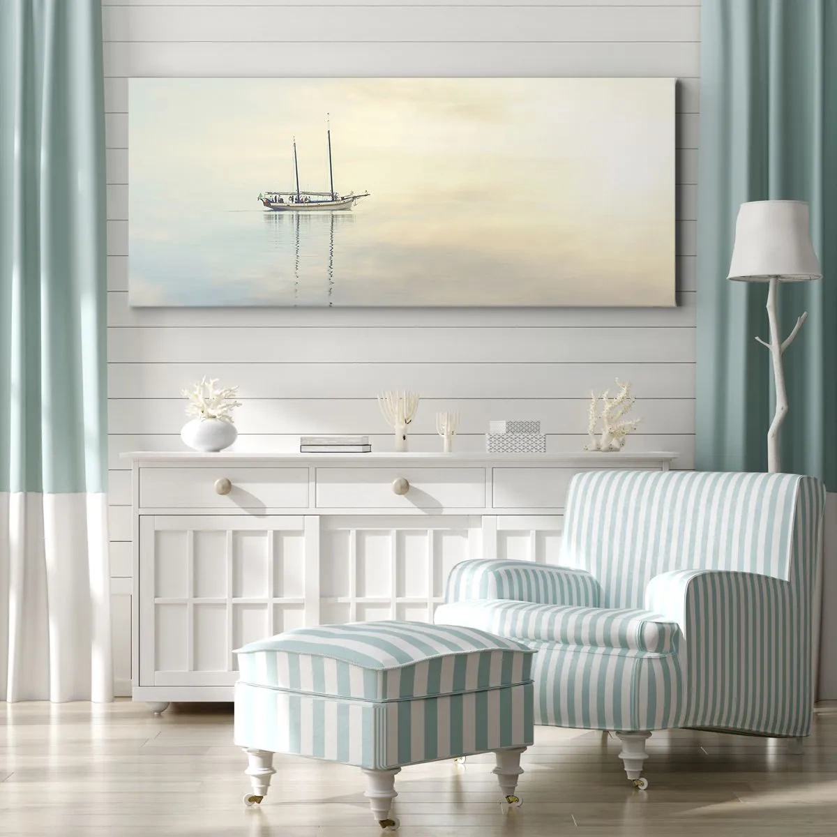 Quadro su tela - Stampe su Tela - Una barca su un mare calmo in una luce soffusa - 160x50cm - Silenzio in mare - Decorazione murale moderna per soggiorno e camera da letto ARTTOR