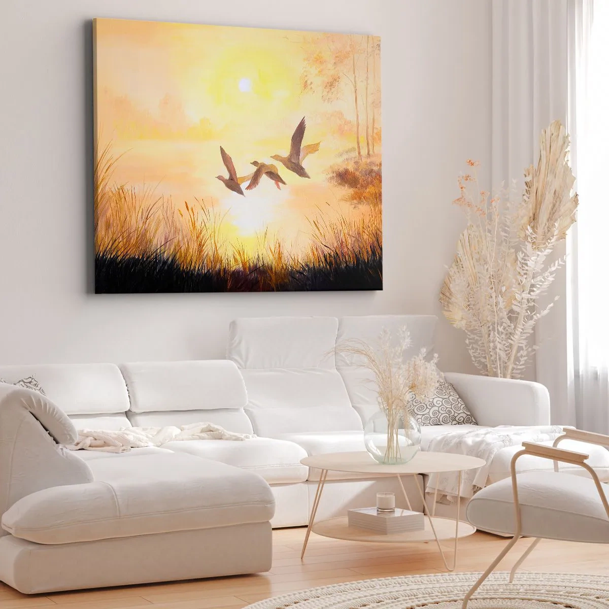 Quadro su tela - Stampe su Tela - Anatre che volano all'alba sul lago - 100x70cm - L'inizio di un lungo viaggio - Decorazione murale moderna per soggiorno e camera da letto ARTTOR