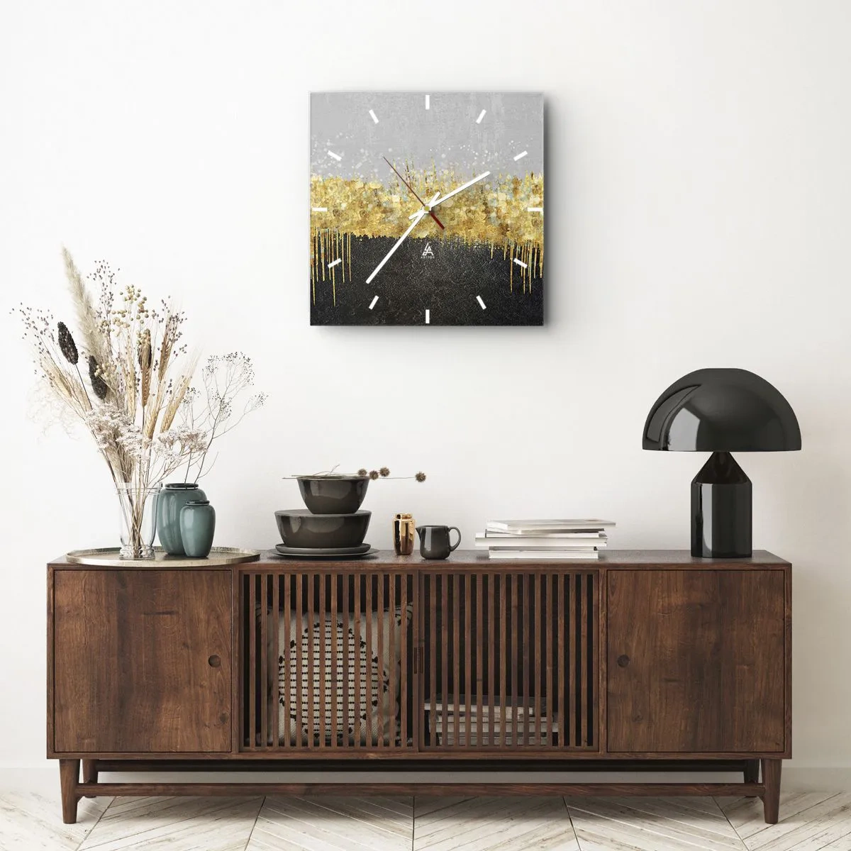 Orologio da parete - Orologio in Vetro - Composizione astratta nei toni dell'oro e del nero - 30x30cm - Nel profondo e verso l'alto - Decorazione murale moderna per soggiorno e camera da letto ARTTOR
