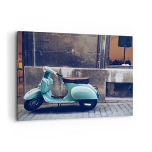 Quadro su tela - Stampe su Tela - Uno scooter retrò parcheggiato contro un muro di pietra - 100x70cm - Atmosfera indimenticabile - Decorazione murale moderna per soggiorno e camera da letto ARTTOR
