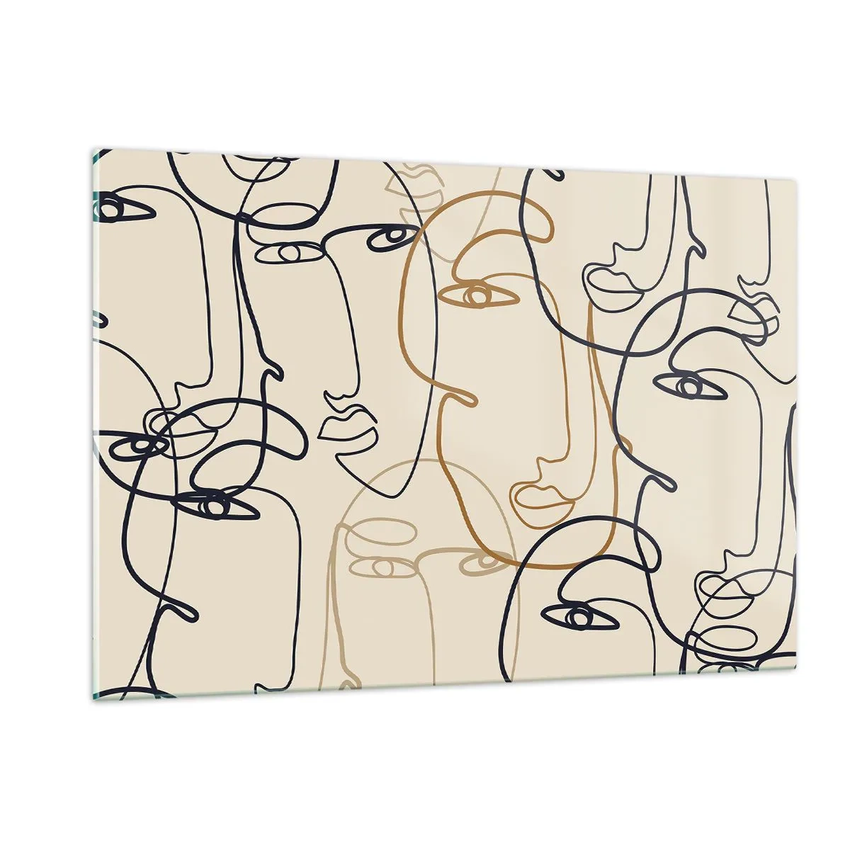 Quadro su vetro - Volti contornati disegnati con un solo tratto su beige - 120x80cm - Ritratto multiplo - Decorazione murale moderna per soggiorno e camera da letto ARTTOR