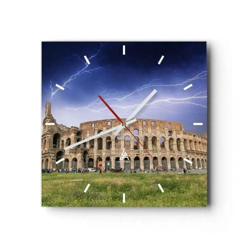 Orologio da parete - Orologio in Vetro - Il Colosseo a Roma illuminato dai fulmini - 30x30cm - Arena di combattimenti - Decorazione murale moderna per soggiorno e camera da letto ARTTOR
