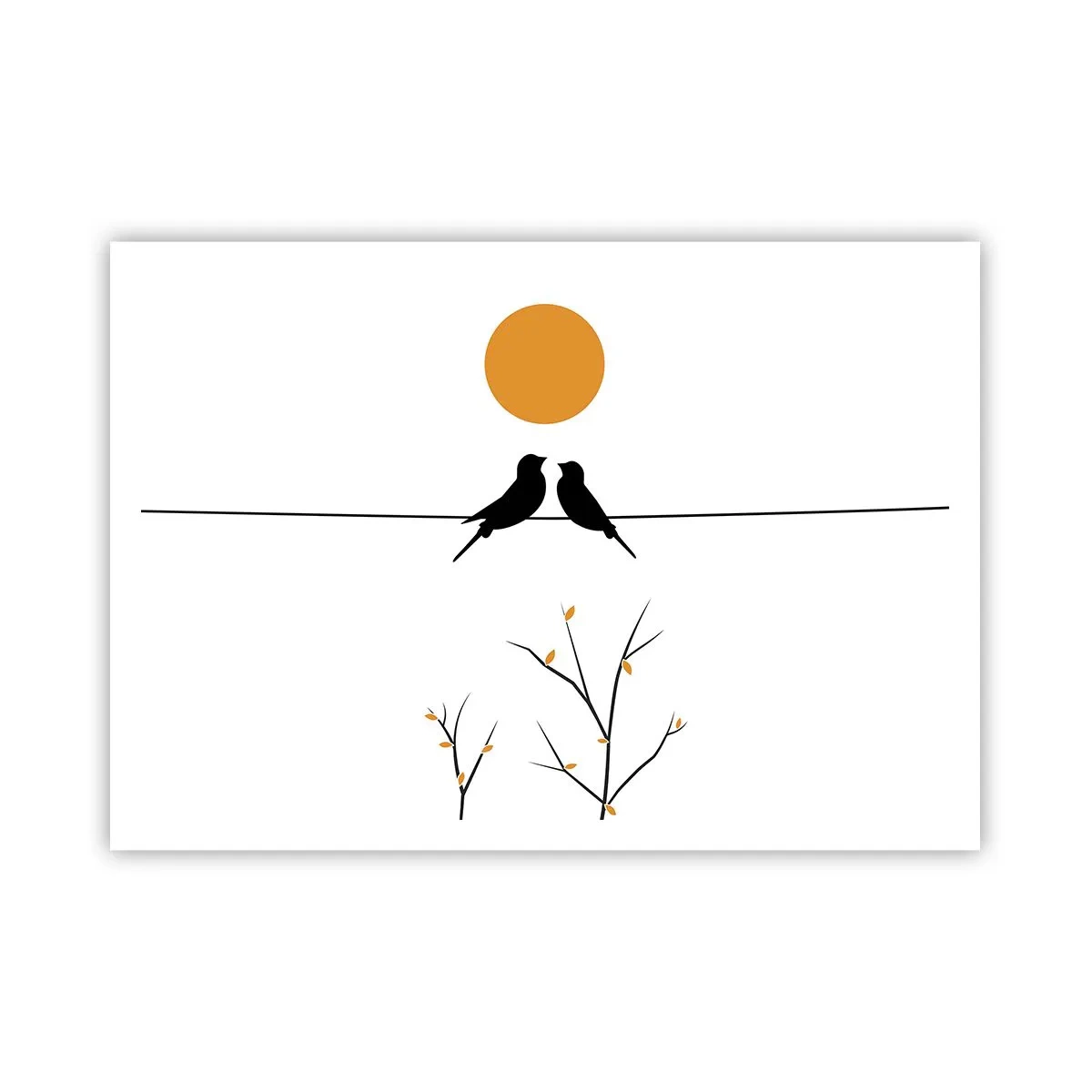 Poster - Uccelli su una linea con un sole giallo - 100x70cm - Sera da usignoli - Decorazione murale moderna per soggiorno e camera da letto ARTTOR