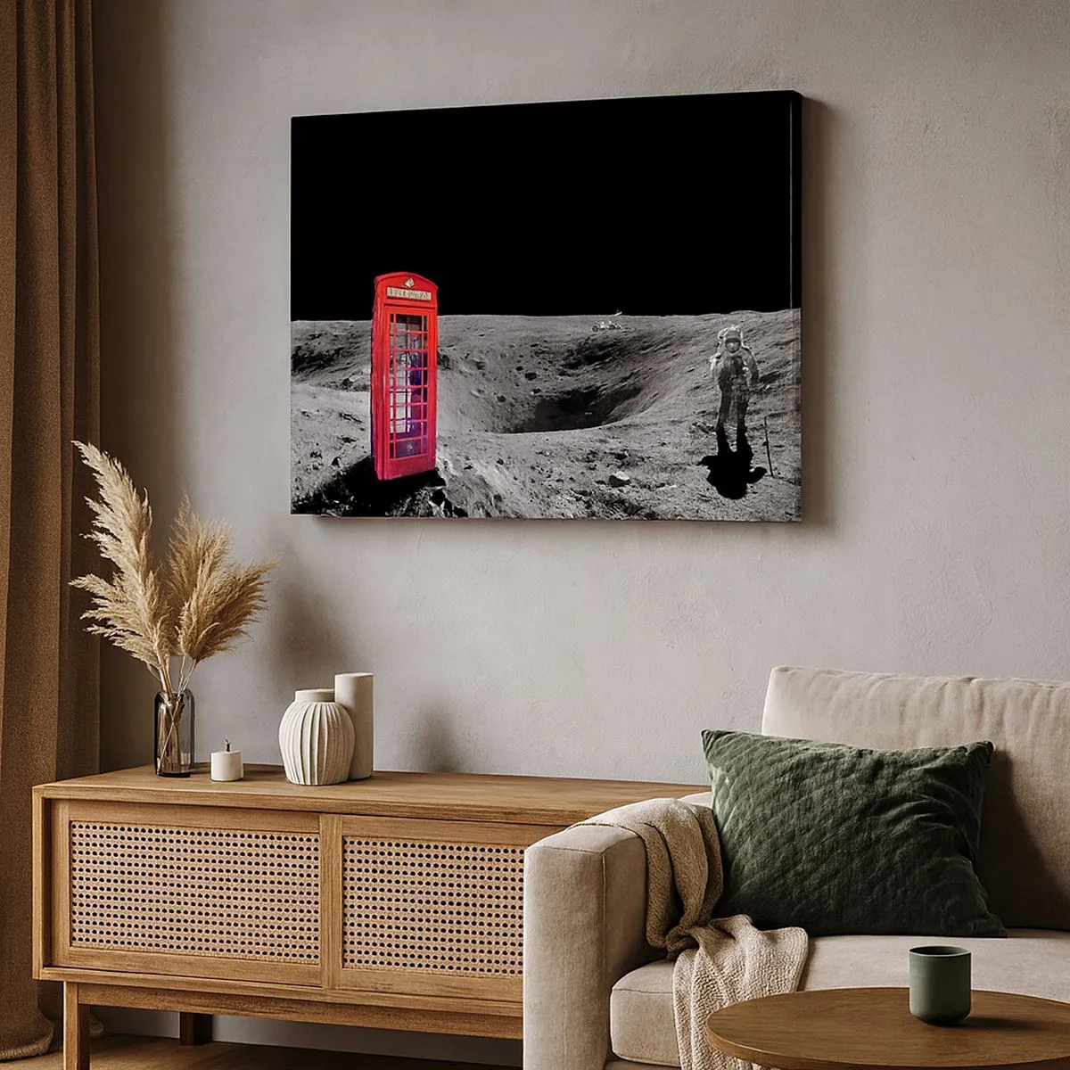 Quadro su tela - Stampe su Tela - Cabina telefonica rossa sulla luna - 70x50cm - Scherzo cosmico - Decorazione murale moderna per soggiorno e camera da letto ARTTOR