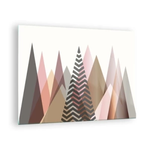 Quadro su vetro - Montagne geometriche pastello con motivo centrale - 70x50cm - Vista piramidale - Decorazione murale moderna per soggiorno e camera da letto ARTTOR