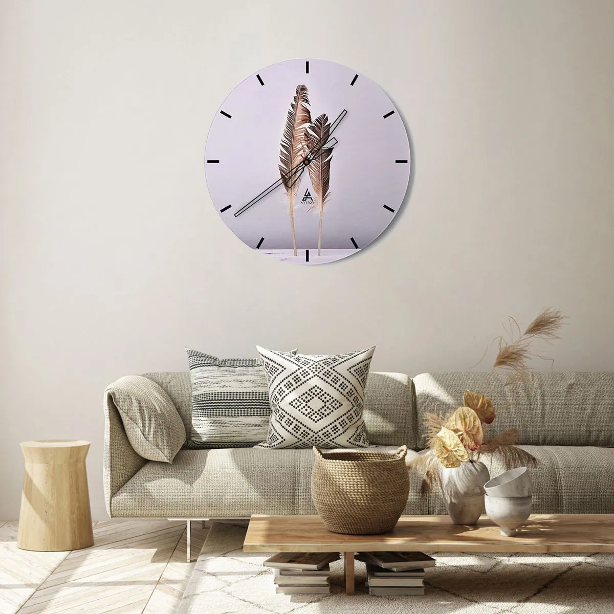 Orologio da parete - Orologio in Vetro - Un elegante motivo di piume dorate su uno sfondo chiaro - 30x30cm - Contro il nulla - Decorazione murale moderna per soggiorno, cucina e camera da letto ARTTOR