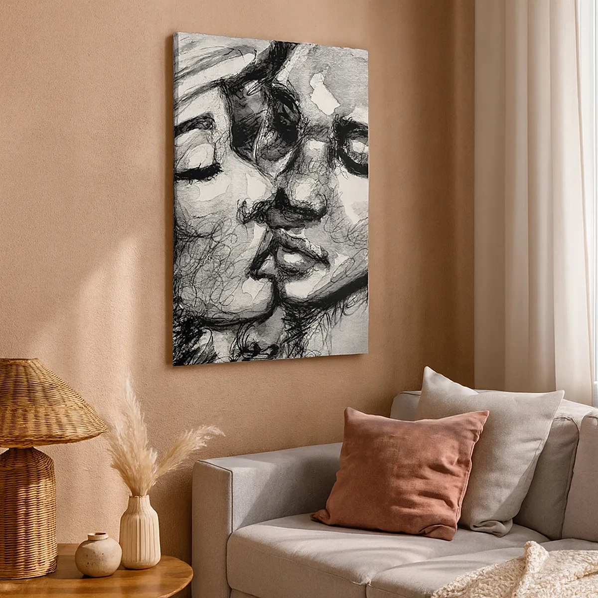 Quadro su tela - Stampe su Tela - Un acquerello in bianco e nero che raffigura un momento intimo tra due persone. - 50x70cm - Un attimo di tenerezza - Decorazione murale moderna per soggiorno e camera da letto ARTTOR