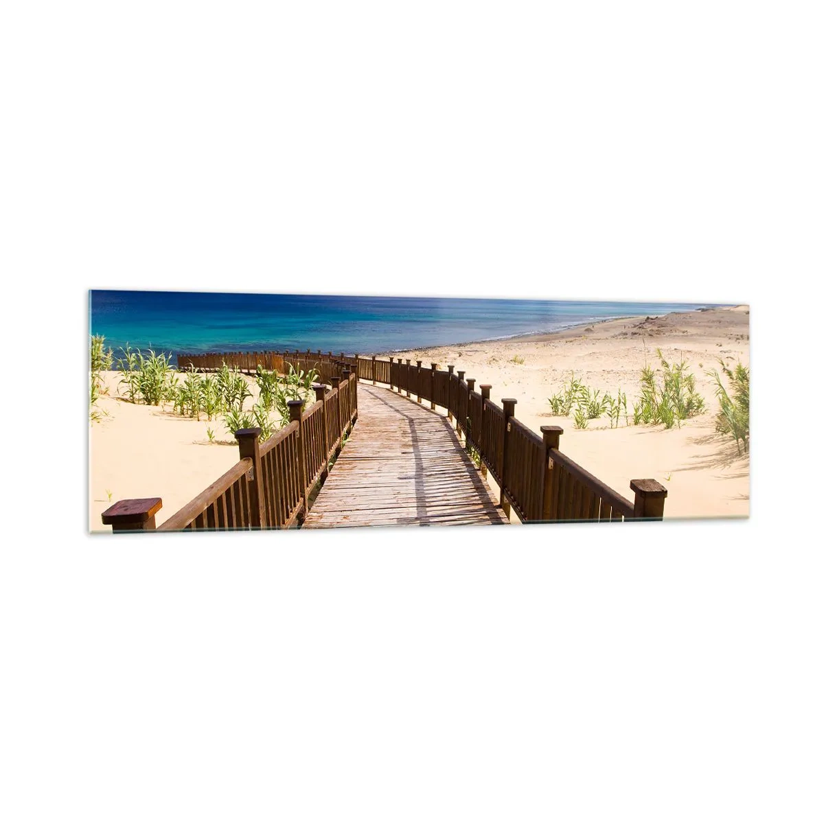 Quadro su vetro - Sentiero in legno che conduce alla spiaggia con vista sull'oceano - 160x50cm - Portami alle isole fortunate - Decorazione murale moderna per soggiorno e camera da letto ARTTOR