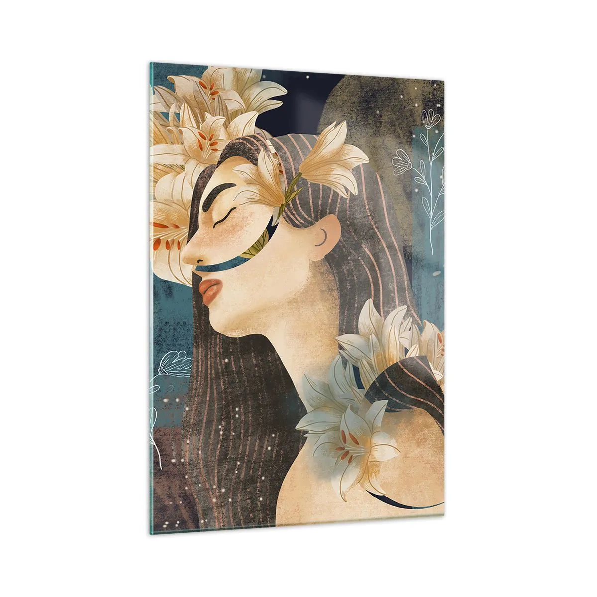 Quadro su vetro - Una figura femminile con gigli in stile fiabesco - 50x70cm - La favola della principessa con i gigli - Decorazione murale moderna per soggiorno e camera da letto ARTTOR