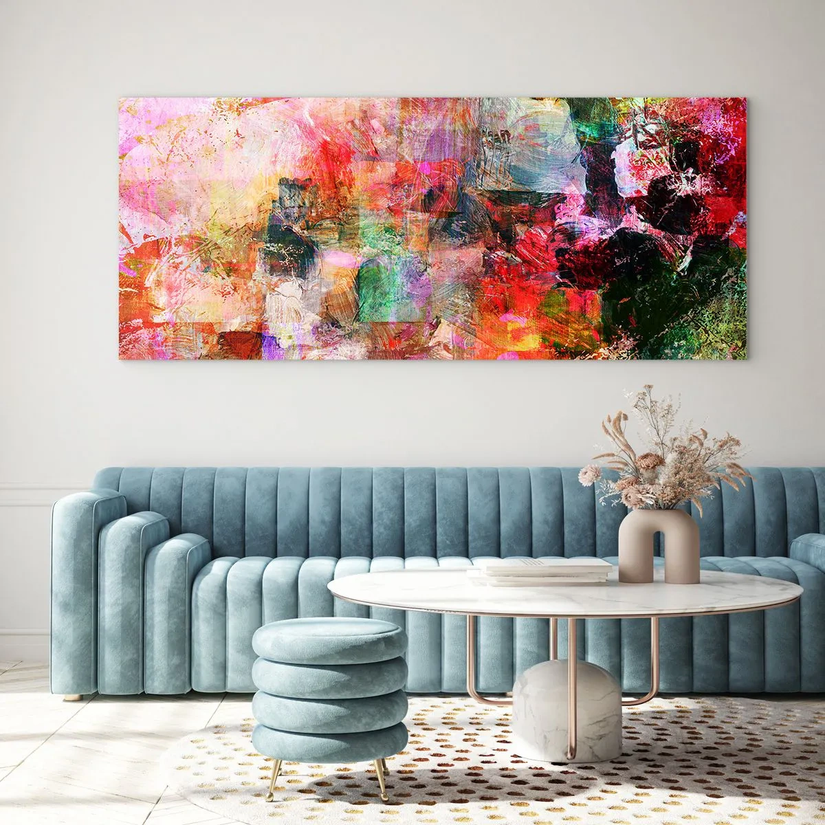 Quadro su vetro - Una composizione astratta con tonalità dominanti di rosa e rosso. - 140x50cm - Viaggio attraverso le rose - Decorazione murale moderna per soggiorno e camera da letto ARTTOR