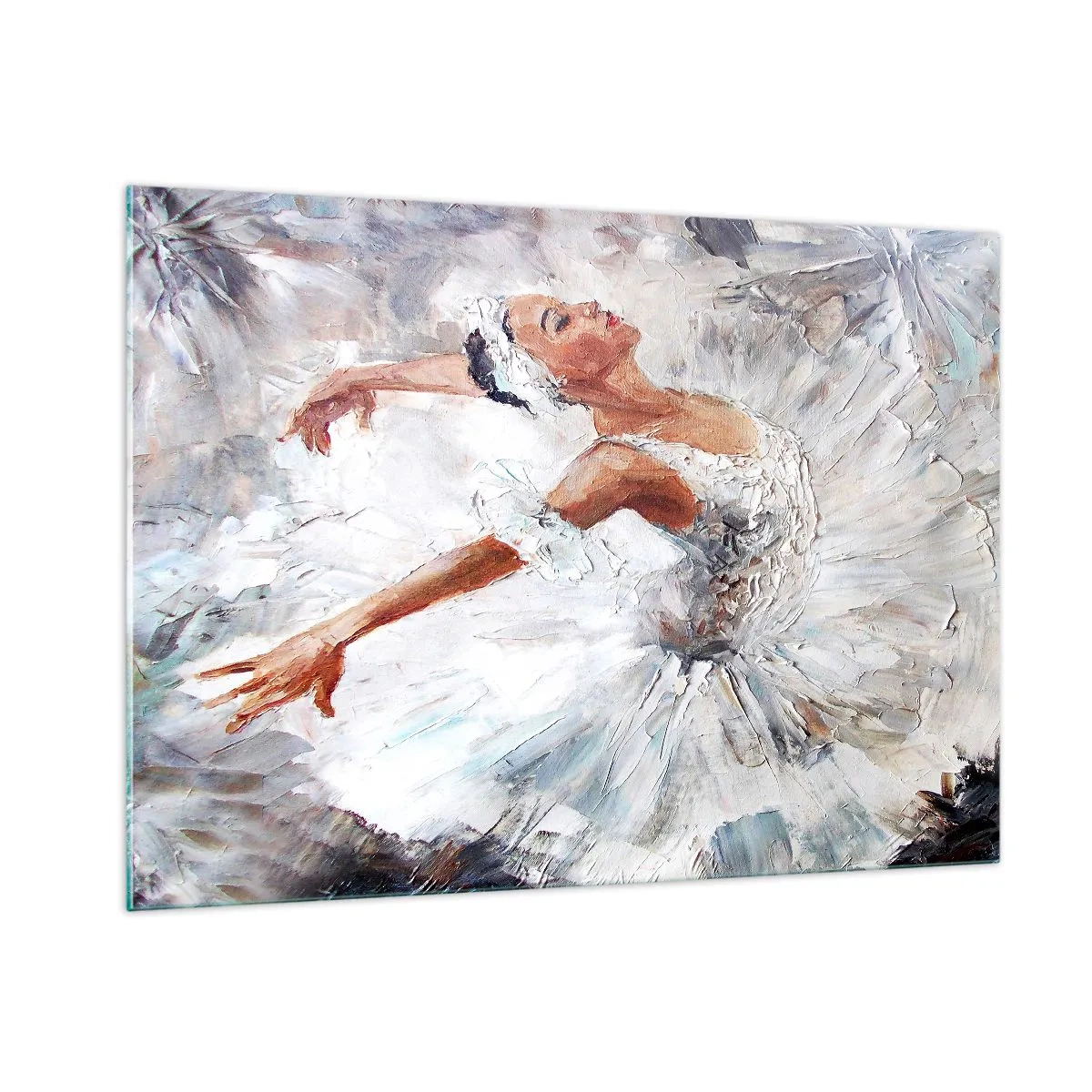 Quadro su vetro - Una ballerina in abito bianco in una posa dinamica - 100x70cm - Delicata e leggera come il tulle - Decorazione murale moderna per soggiorno e camera da letto ARTTOR