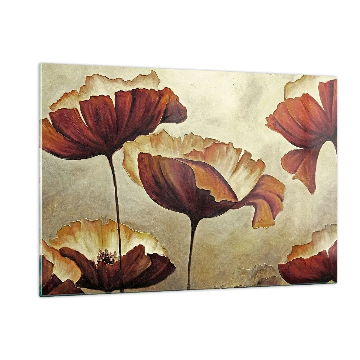 Quadro su vetro - Fiori di papavero nei toni del rosso e dell'oro su uno sfondo chiaro - 120x80cm - Nei prati e nei campi - Decorazione murale moderna per soggiorno e camera da letto ARTTOR