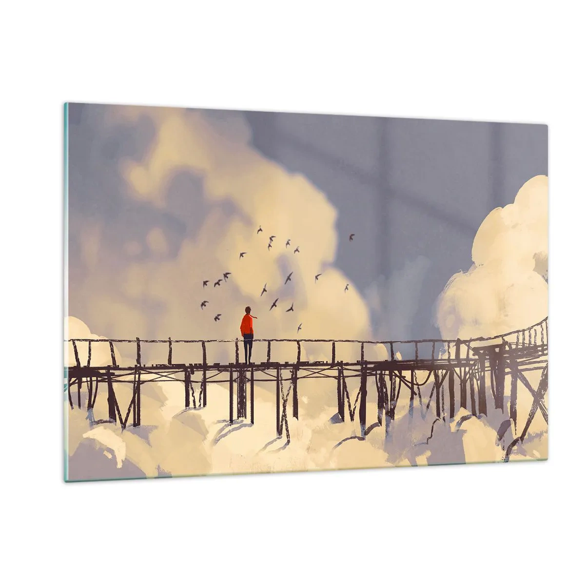Quadro su vetro - Un uomo su un ponte di legno circondato dalle nuvole - 120x80cm - Nostalgia del cielo - Decorazione murale moderna per soggiorno e camera da letto ARTTOR