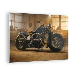 Quadro su vetro - Ripresa suggestiva di una motocicletta classica in un garage - 70x50cm - Posso tutto - Decorazione murale moderna per soggiorno e camera da letto ARTTOR