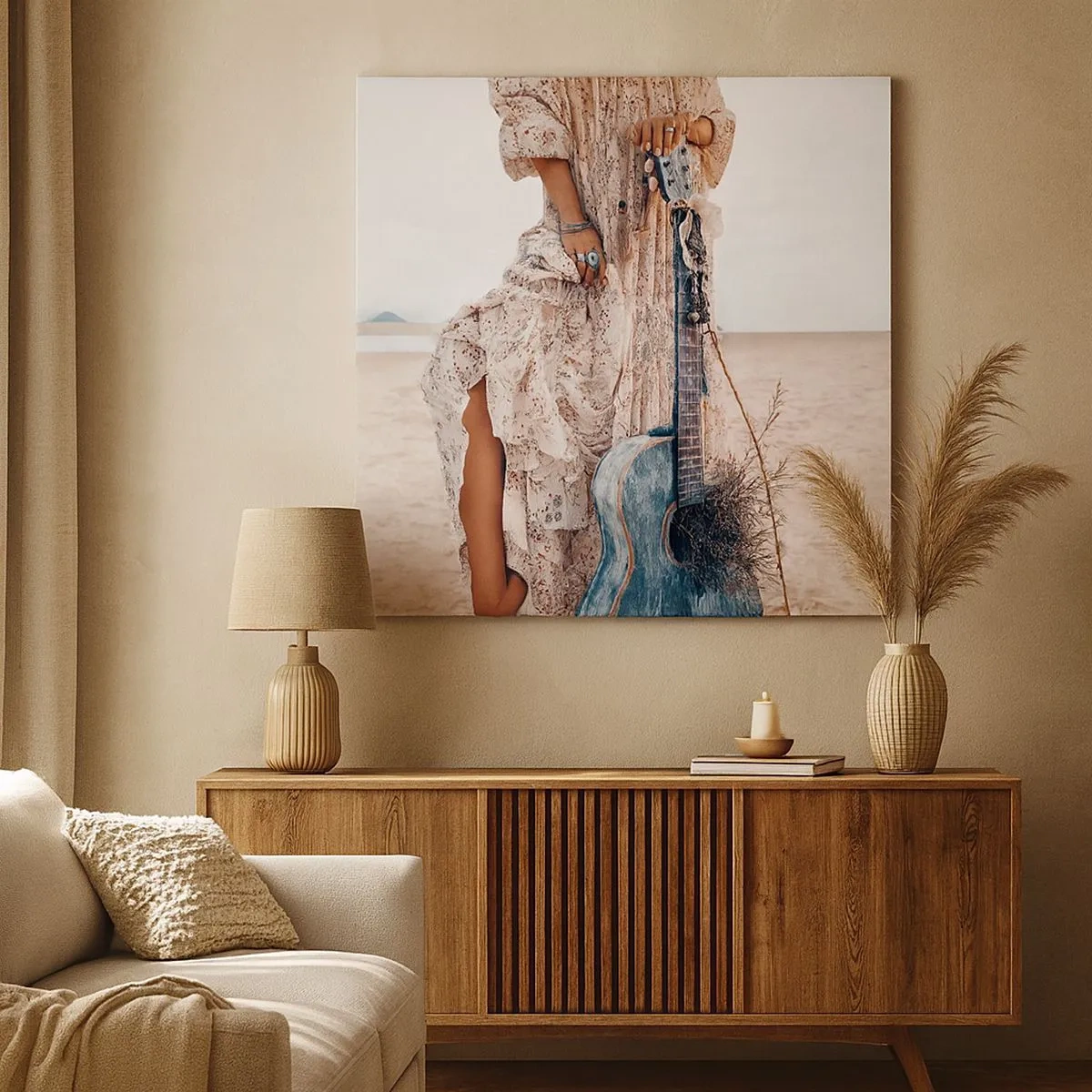 Quadro su tela - Stampe su Tela - Donna in stile boho con chitarra sulla spiaggia - 70x50cm - Figli dei fiori in cammino - Decorazione murale moderna per soggiorno e camera da letto ARTTOR