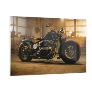 Quadro su vetro - Ripresa suggestiva di una motocicletta classica in un garage - 120x80cm - Posso tutto - Decorazione murale moderna per soggiorno e camera da letto ARTTOR