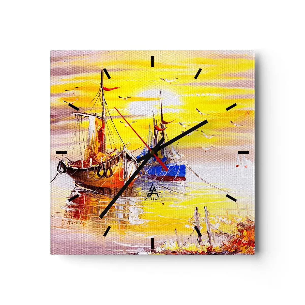 Orologio da parete - Orologio in Vetro - Una scena pittorica di barche su un mare calmo - 30x30cm - Meritato riposo nel porto - Decorazione murale moderna per soggiorno e camera da letto ARTTOR