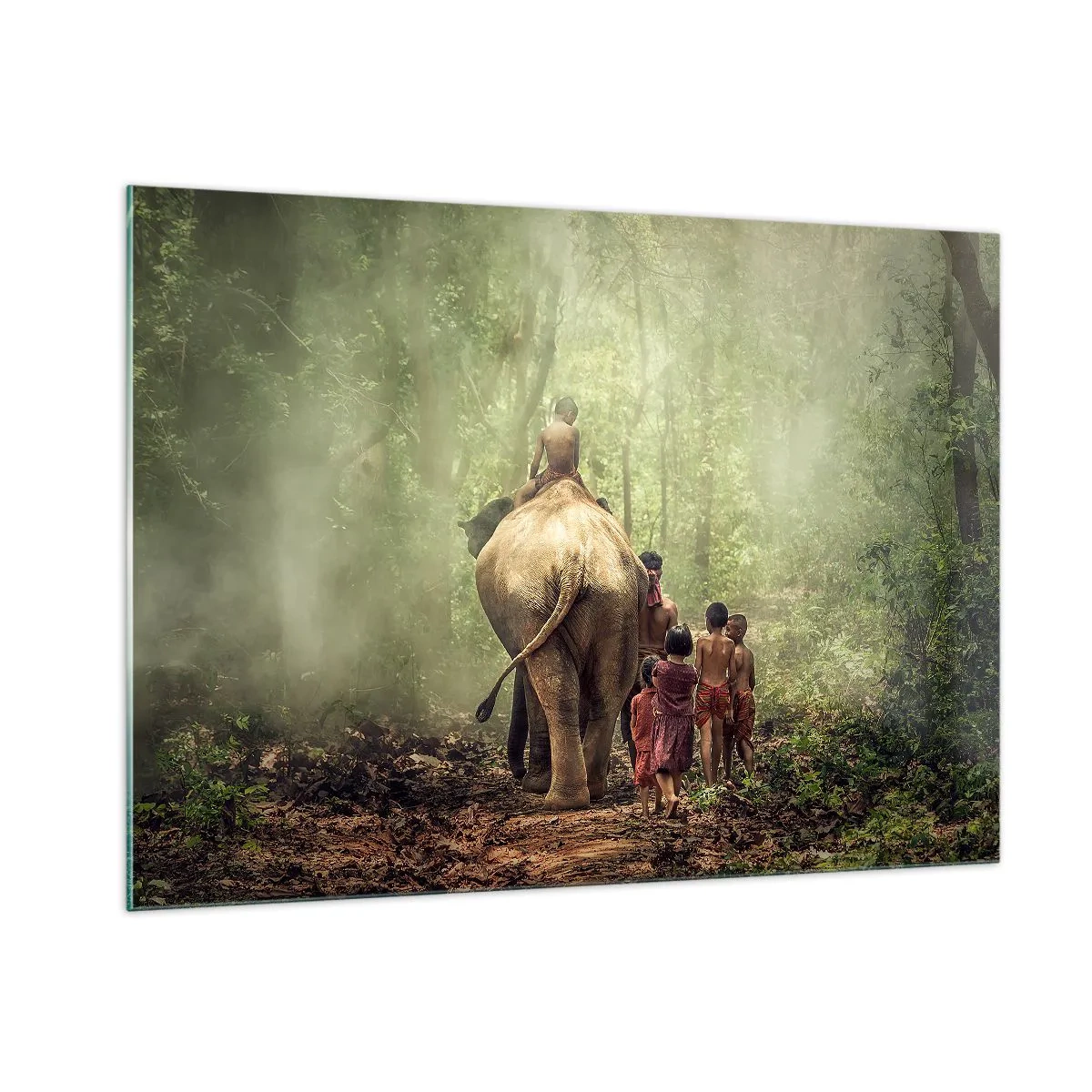 Quadro su vetro - Un elefante nella foresta con bambini in costumi tradizionali - 100x70cm - Il nuovo Libro della Giungla - Decorazione murale moderna per soggiorno e camera da letto ARTTOR