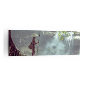 Quadro su tela - Stampe su Tela - Una figura con una lancia presso una cascata in una foresta tropicale - 160x50cm - In armonia con la natura - Decorazione murale moderna per soggiorno e camera da letto ARTTOR