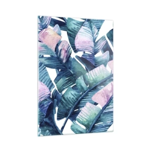 Quadro su vetro - Foglie di banano in tonalità pastello su sfondo bianco - 50x70cm - Nel bananeto - Decorazione murale moderna per soggiorno e camera da letto ARTTOR