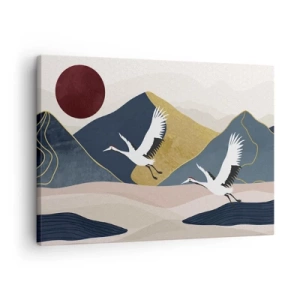 Quadro su tela - Stampe su Tela - Gru in volo sullo sfondo di montagne e un sole rosso - 70x50cm - E la giornata è nuovamente VOLATA - Decorazione murale moderna per soggiorno e camera da letto ARTTOR