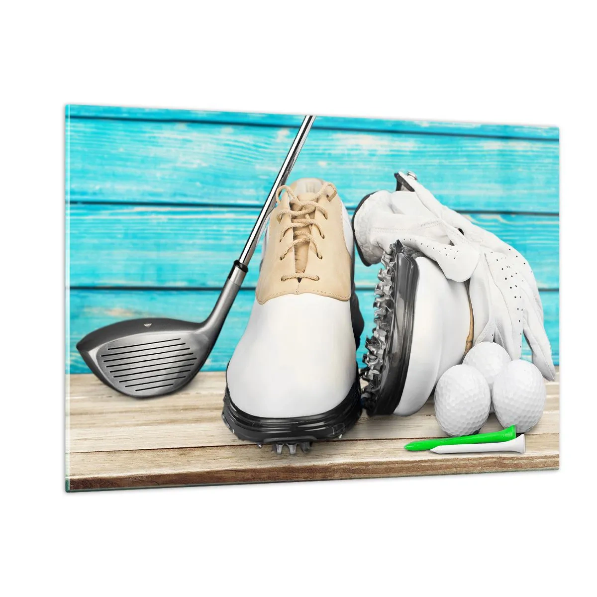 Quadro su vetro - Accessori da golf su uno sfondo di legno - 120x80cm - Tutto è pronto - Decorazione murale moderna per soggiorno e camera da letto ARTTOR