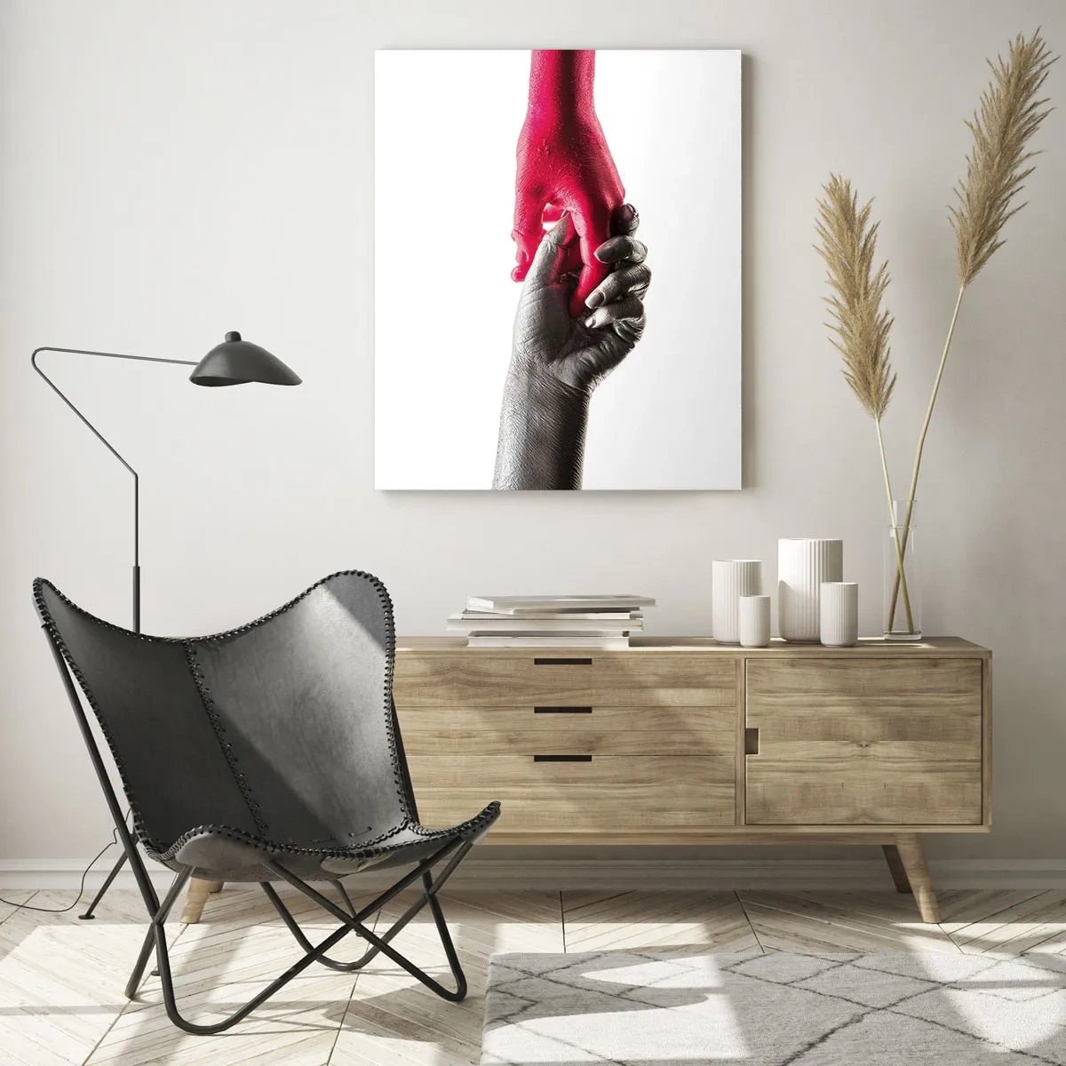 Quadro su vetro - Mani simboliche in argento e rosso - 70x100cm - Insieme, sebbene diversi - Decorazione murale moderna per soggiorno e camera da letto ARTTOR
