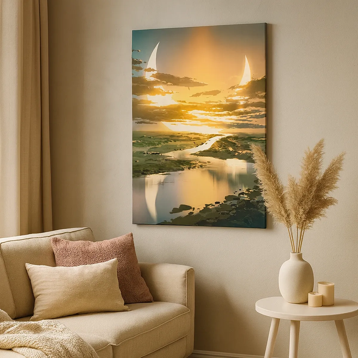 Quadro su tela - Stampe su Tela - Un paesaggio fantastico con due lune all'orizzonte - 50x70cm - Da qualche parte in una galassia lontana - Decorazione murale moderna per soggiorno e camera da letto ARTTOR
