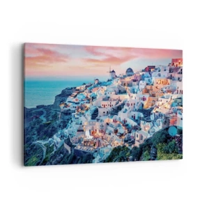 Quadro su tela - Stampe su Tela - Santorini al tramonto con edifici bianchi sulla collina - 120x80cm - La tua grossa vacanza greca - Decorazione murale moderna per soggiorno e camera da letto ARTTOR