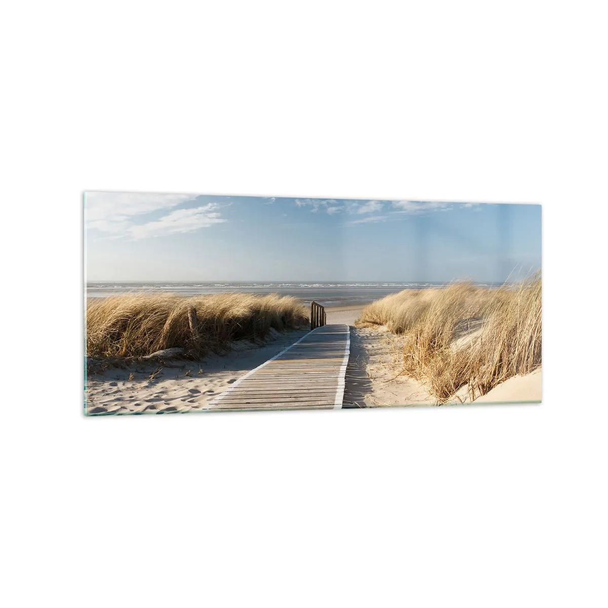 Quadro su vetro - Un sentiero di legno conduce attraverso le dune fino al mare calmo - 120x50cm - Dopo la duna, nel fruscio dell'erba - Decorazione murale moderna per soggiorno e camera da letto ARTTOR