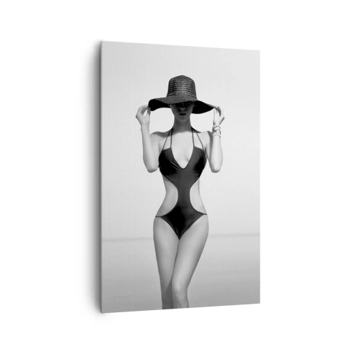 Quadro su tela - Stampe su Tela - Silhouette in bianco e nero di una donna con un cappello sullo sfondo del mare - 80x120cm - Il mio nome è Eleganza - Decorazione murale moderna per soggiorno e camera da letto ARTTOR