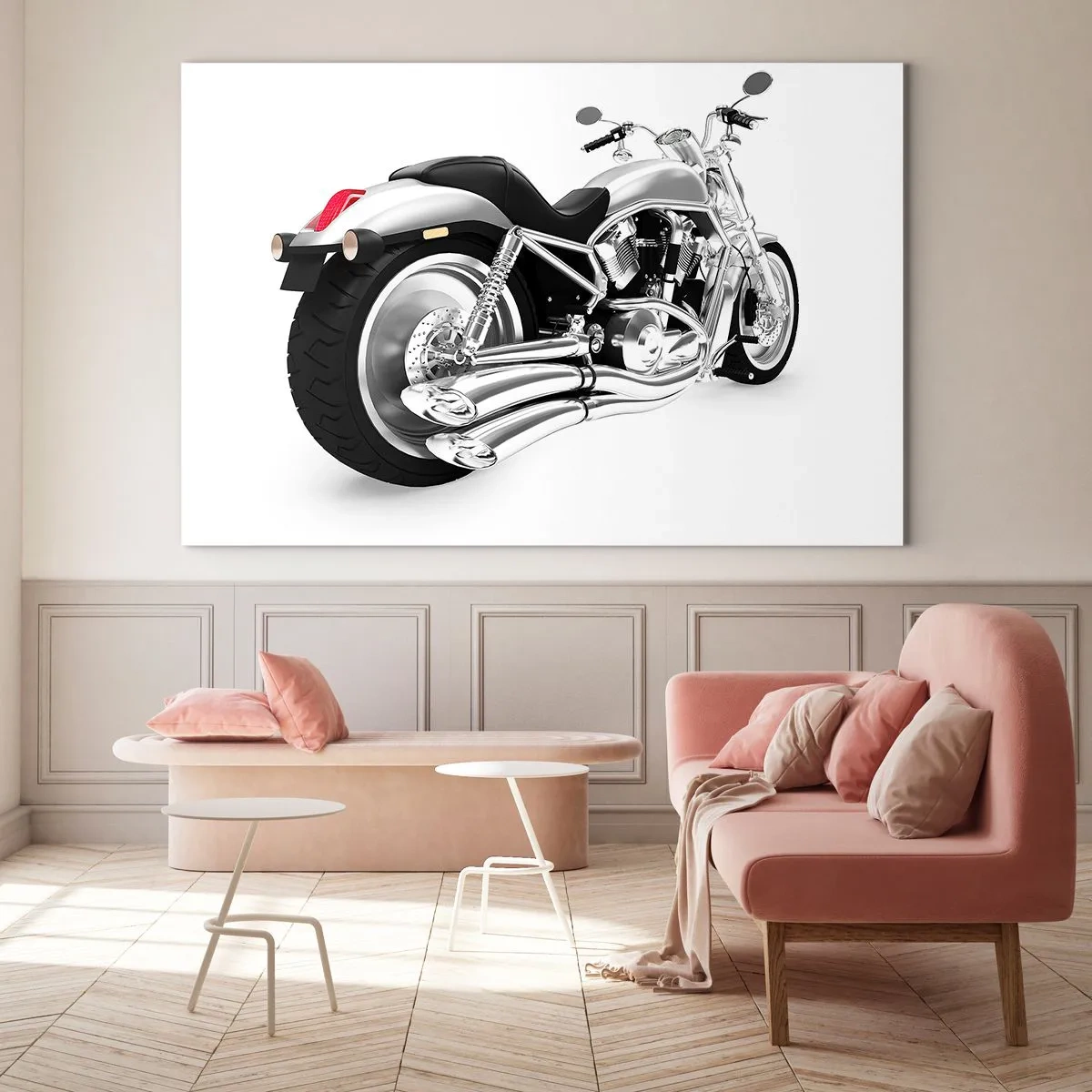 Quadro su vetro - Una motocicletta cromata in stile moderno su sfondo bianco - 70x50cm - Il sogno del collezionista - Decorazione murale moderna per soggiorno e camera da letto ARTTOR
