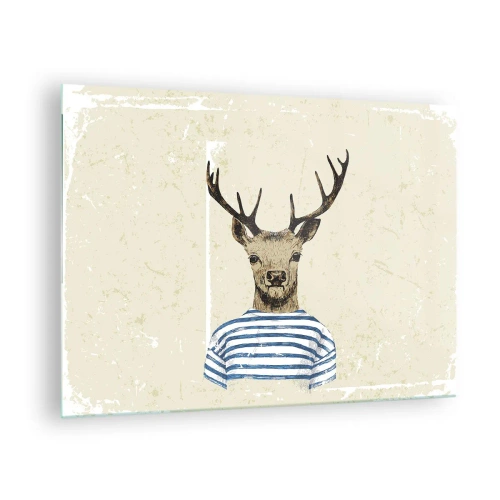 Quadro su vetro - Grafica di un cervo con una camicia da marinaio su uno sfondo chiaro - 70x50cm - Mi piacciono le camicie a righe! - Decorazione murale moderna per soggiorno e camera da letto ARTTOR