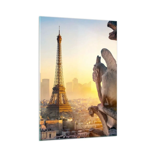 Quadro su vetro - La Torre Eiffel nella nebbia mattutina, con vista su Parigi e sculture gotiche - 50x70cm - Tante cose sono cambiate... - Decorazione murale moderna per soggiorno e camera da letto ARTTOR