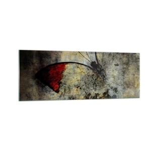 Quadro su vetro - Una farfalla nei toni del rosso e del grigio su uno sfondo strutturato - 140x50cm - Guarda prima che scompaia - Decorazione murale moderna per soggiorno e camera da letto ARTTOR