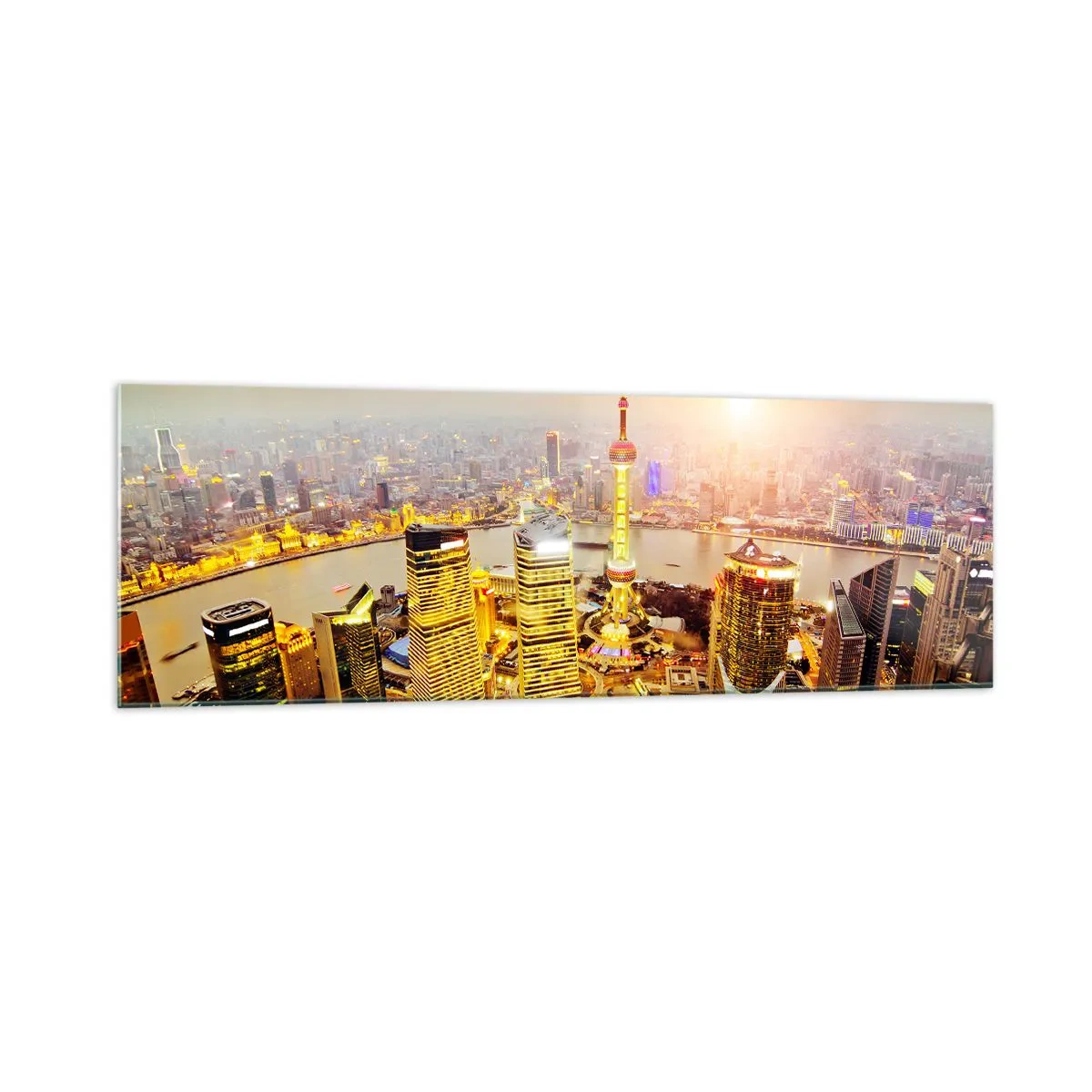 Quadro su vetro - Panorama della città con grattacieli al tramonto - 160x50cm - Sogno asiatico - Decorazione murale moderna per soggiorno e camera da letto ARTTOR