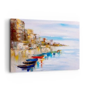 Quadro su tela - Stampe su Tela - Barche colorate sulla riva con vista sullo skyline della città - 120x80cm - Molo cittadino multicolore - Decorazione murale moderna per soggiorno e camera da letto ARTTOR